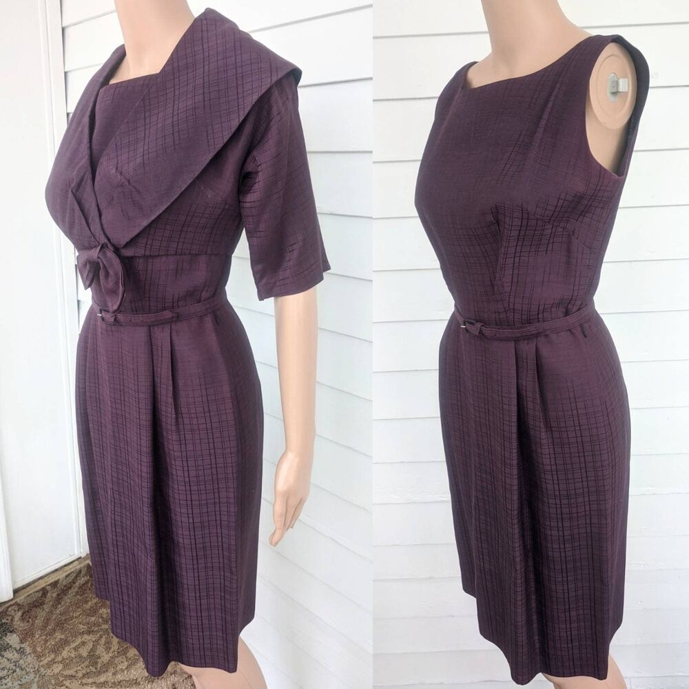 50s Purple Cocktail Dress Dark Sleeveless with Bolero Jacket S